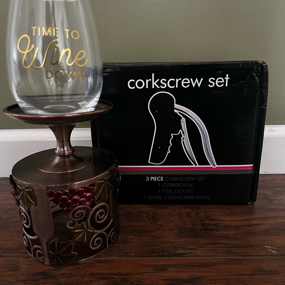Bundle of Wine Theme Accessories - corkscrew set, stemless glass, candle holder